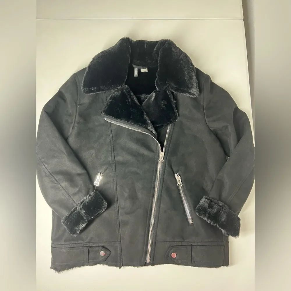 H&M Faux Fur-lined Biker Jacket Black Full Zip Aviator Size 8 - Picture 7 of 16